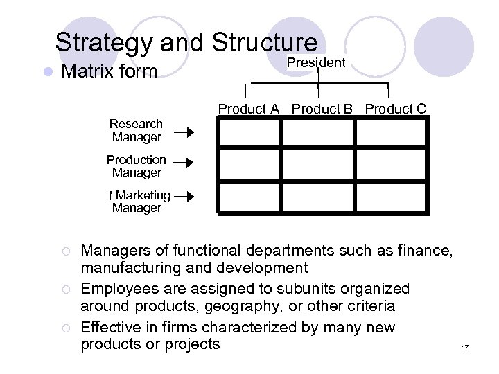 Strategy and Structure l Matrix form President Product A Product B Product C Research