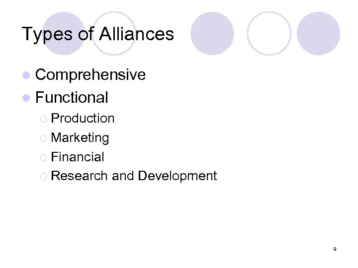 Types of Alliances l Comprehensive l Functional ¡ Production ¡ Marketing ¡ Financial ¡