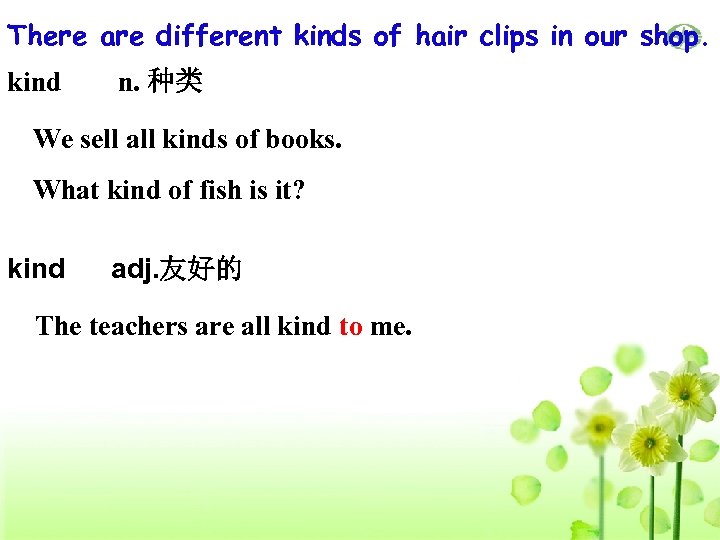 There are different kinds of hair clips in our shop. kind n. 种类 We