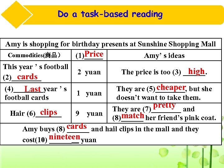 Do a task-based reading Amy is shopping for birthday presents at Sunshine Shopping Mall