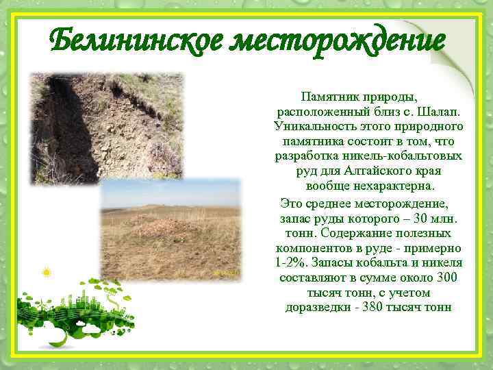 Белининское месторождение Памятник природы, расположенный близ с. Шалап. Уникальность этого природного памятника состоит в