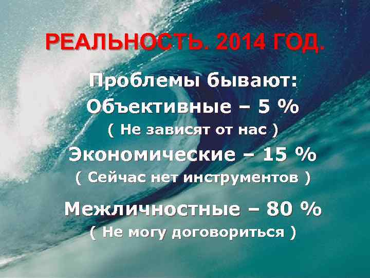 РЕАЛЬНОСТЬ. 2014 ГОД. Проблемы бывают: Объективные – 5 % ( Не зависят от нас