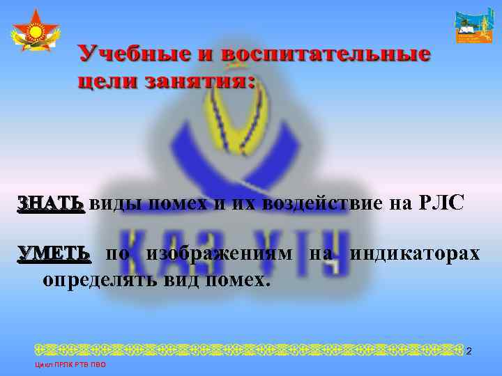 ЗНАТЬ виды помех и их воздействие на РЛС УМЕТЬ по изображениям на индикаторах определять