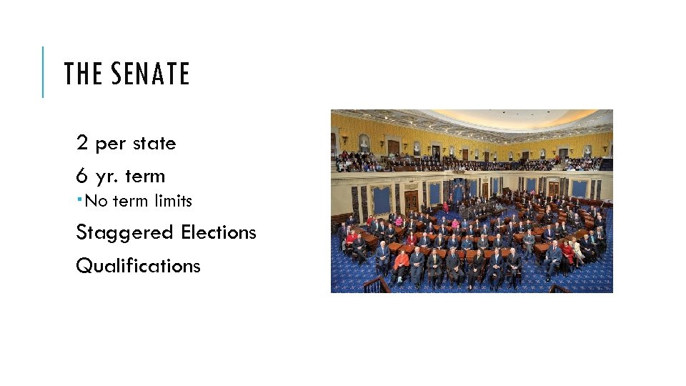 THE SENATE 2 per state 6 yr. term No term limits Staggered Elections Qualifications