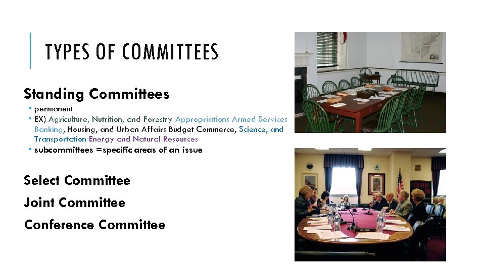 TYPES OF COMMITTEES Standing Committees permanent EX) Agriculture, Nutrition, and Forestry Appropriations Armed Services