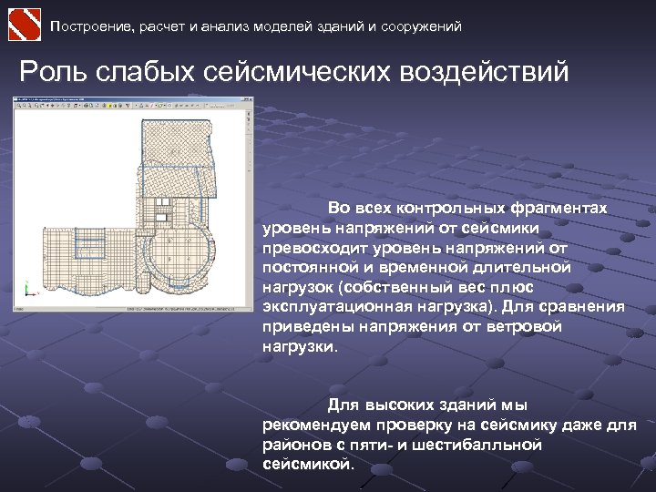 Построение, расчет и анализ моделей зданий и сооружений Роль слабых сейсмических воздействий Во всех