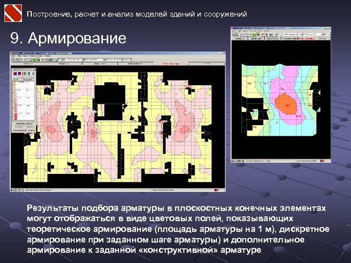 Построение, расчет и анализ моделей зданий и сооружений 9. Армирование Результаты подбора арматуры в