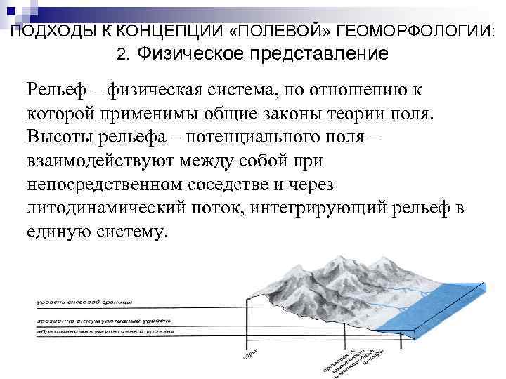 ПОДХОДЫ К КОНЦЕПЦИИ «ПОЛЕВОЙ» ГЕОМОРФОЛОГИИ: 2. Физическое представление Рельеф – физическая система, по отношению