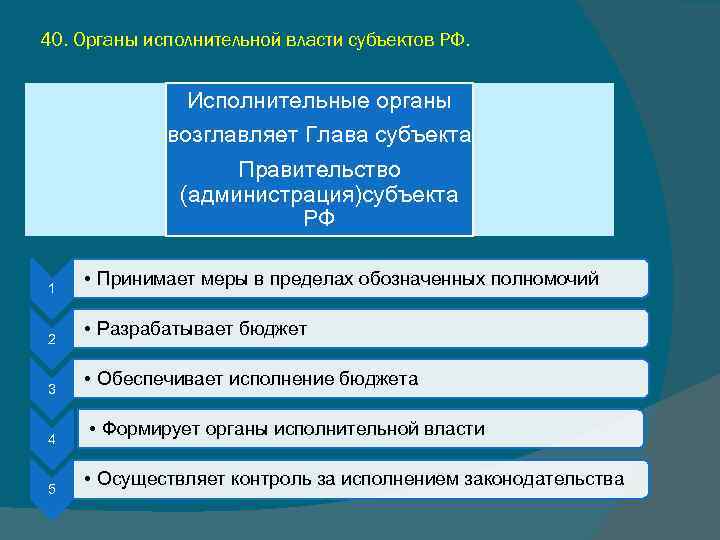 40. Органы исполнительной власти субъектов РФ. Исполнительные органы возглавляет Глава субъекта Правительство (администрация)субъекта РФ