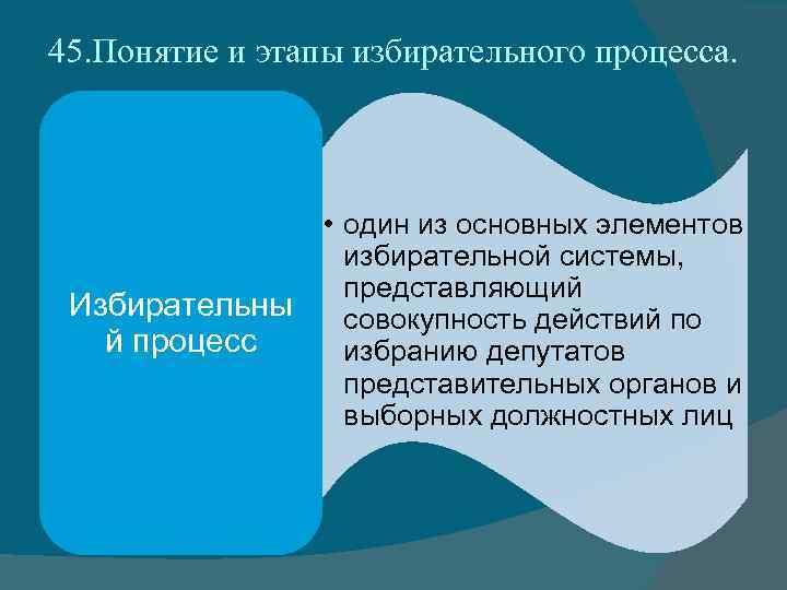 45. Понятие и этапы избирательного процесса. Избирательны й процесс • один из основных элементов