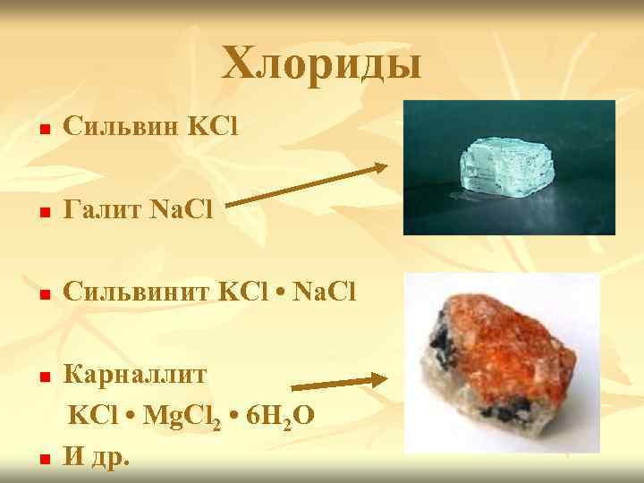 Хлориды n Сильвин KCl n Галит Na. Cl n Сильвинит KCl • Na. Cl