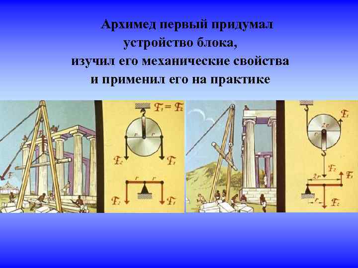 Архимед первый придумал устройство блока, изучил его механические свойства и применил его на практике