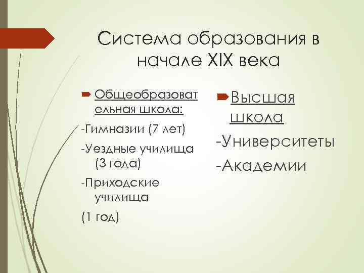 Система образования в начале ХIХ века Общеобразоват ельная школа: -Гимназии (7 лет) -Уездные училища