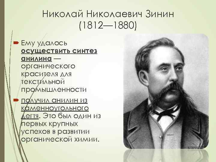 Николай Николаевич Зинин (1812— 1880) Ему удалось осуществить синтез анилина — органического красителя для