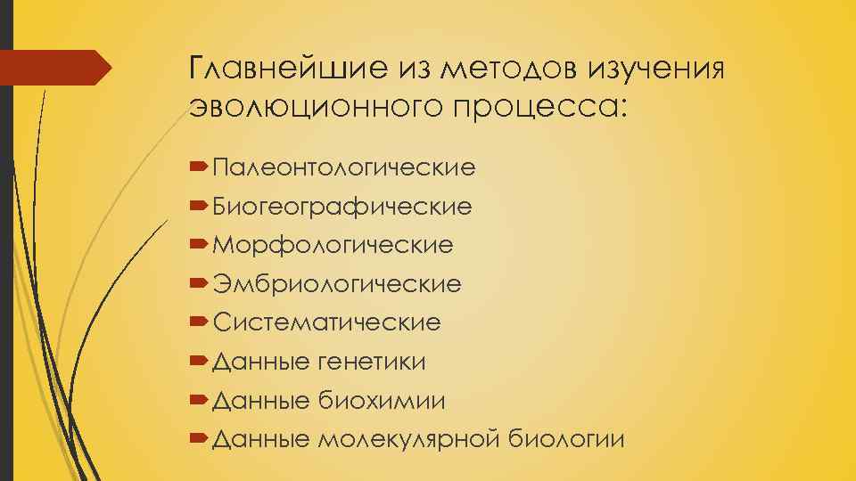 Главнейшие из методов изучения эволюционного процесса: Палеонтологические Биогеографические Морфологические Эмбриологические Систематические Данные генетики Данные