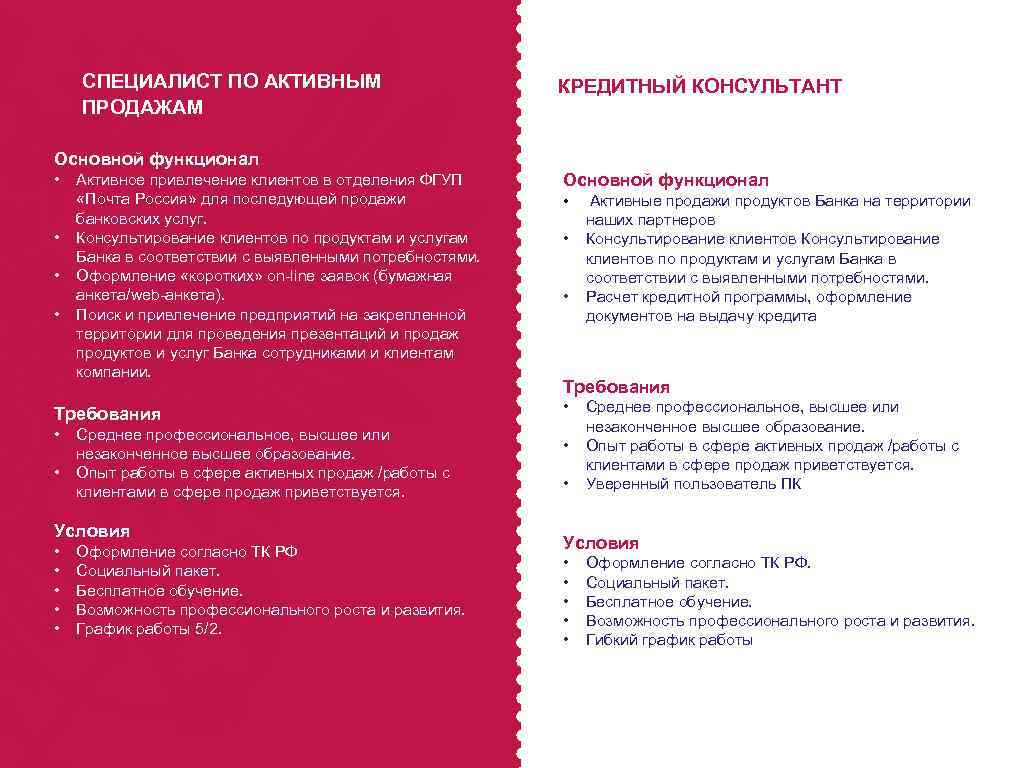 СПЕЦИАЛИСТ ПО АКТИВНЫМ ПРОДАЖАМ КРЕДИТНЫЙ КОНСУЛЬТАНТ Основной функционал • • Активное привлечение клиентов в
