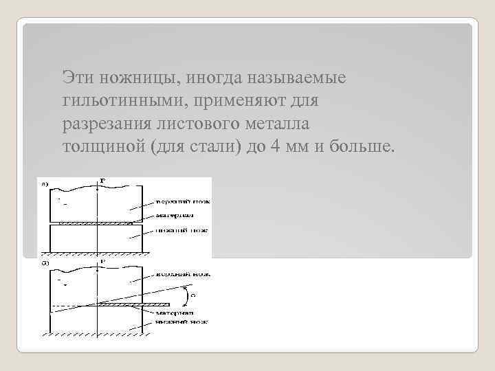 Эти ножницы, иногда называемые гильотинными, применяют для разрезания листового металла толщиной (для стали) до