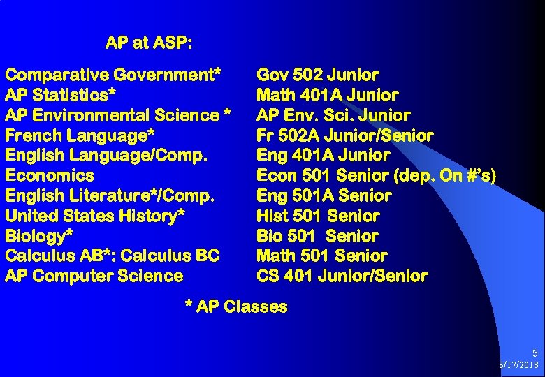 AP at ASP: Comparative Government* AP Statistics* AP Environmental Science * French Language* English