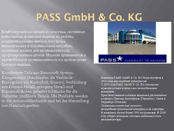 PASS Gmb. H & Co. KG Комбинированные детали из пластика; системные компоненты; формовые изделия