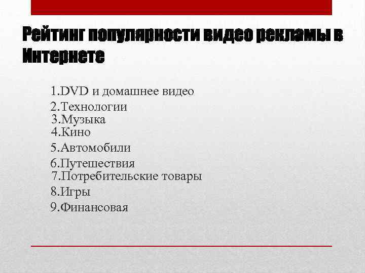Рейтинг популярности видео рекламы в Интернете 1. DVD и домашнее видео 2. Технологии 3.