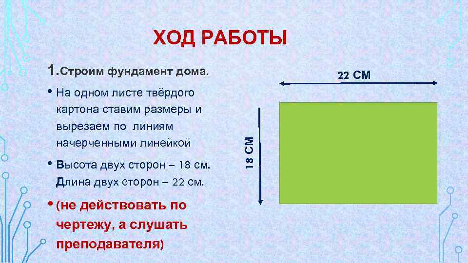 ХОД РАБОТЫ 1. Строим фундамент дома. • На одном листе твёрдого • Высота двух