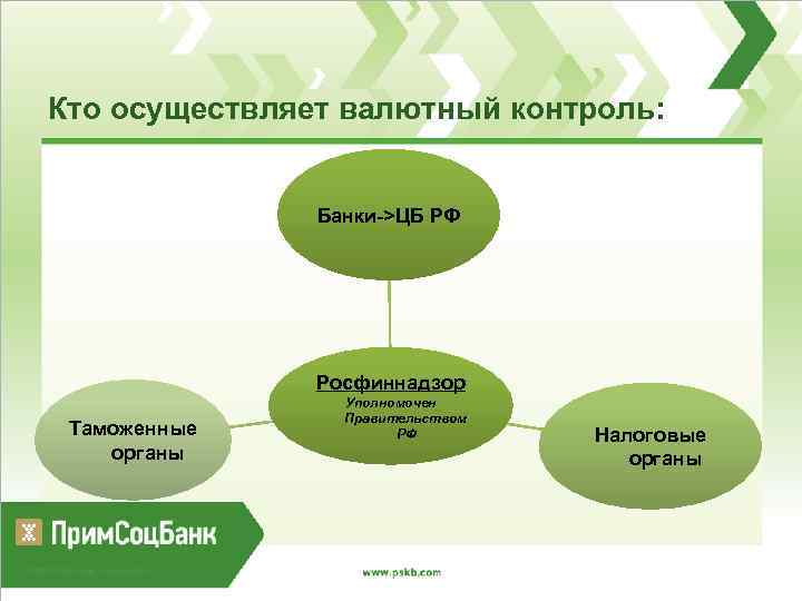 Кто осуществляет валютный контроль: Банки->ЦБ РФ Росфиннадзор Таможенные органы Уполномочен Правительством РФ Налоговые органы