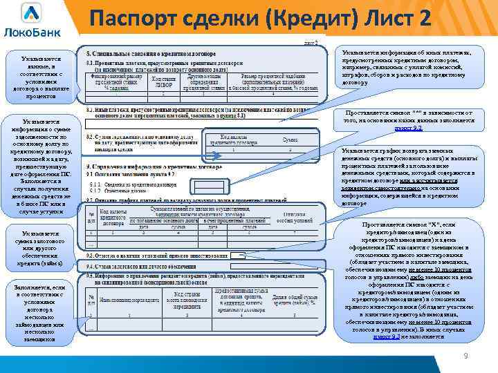 Паспорт сделки (Кредит) Лист 2 Указываются данные, в соответствии с условиями договора о выплате