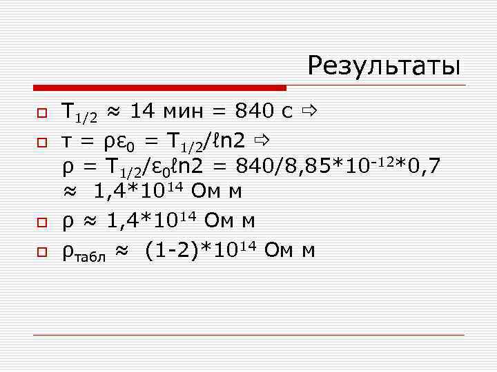Результаты o o T 1/2 ≈ 14 мин = 840 c τ = ρε