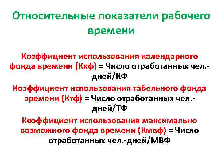 Относительные показатели рабочего времени Коэффициент использования календарного фонда времени (Ккф) = Число отработанных чел.
