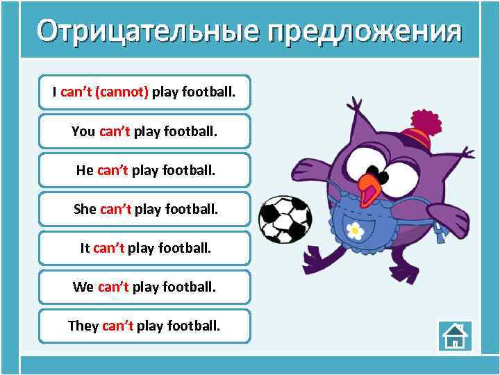 Отрицательные предложения I can’t (cannot) play football. You can’t play football. He can’t play