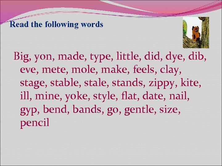 Read the following words Big, yon, made, type, little, did, dye, dib, eve, mete,