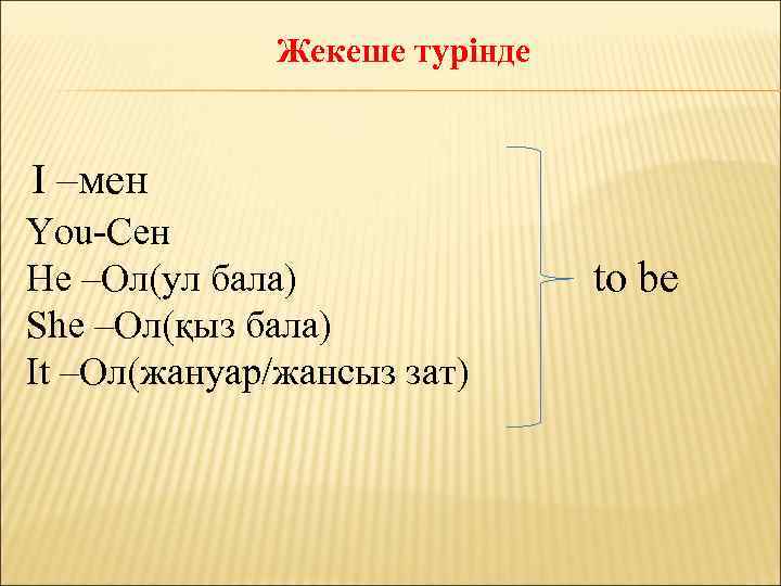 Жекеше турінде I –мен You-Сен He –Ол(ул бала) She –Ол(қыз бала) It –Ол(жануар/жансыз зат)