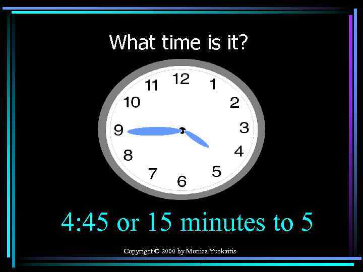 What time is it? 4: 45 or 15 minutes to 5 Copyright © 2000