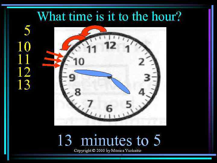 5 10 11 12 13 What time is it to the hour? 13 minutes