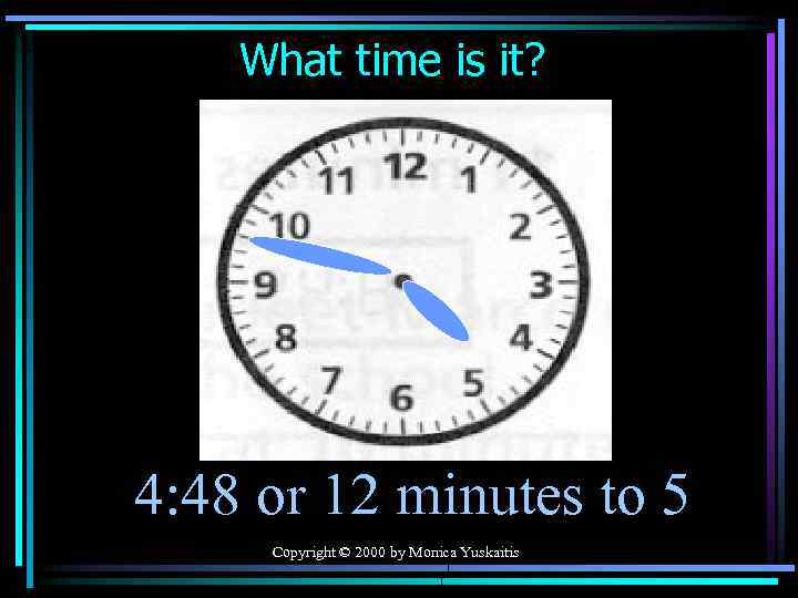 What time is it? 4: 48 or 12 minutes to 5 Copyright © 2000