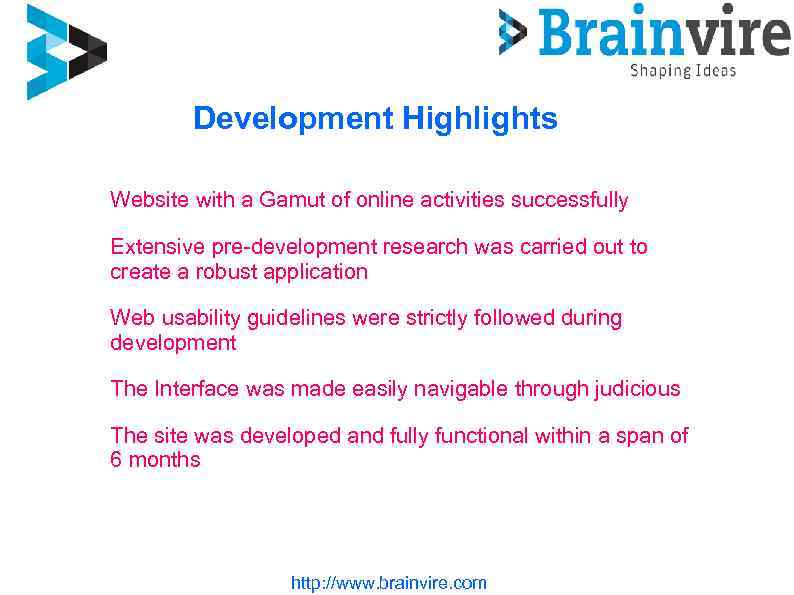 Development Highlights Website with a Gamut of online activities successfully Extensive pre-development research was