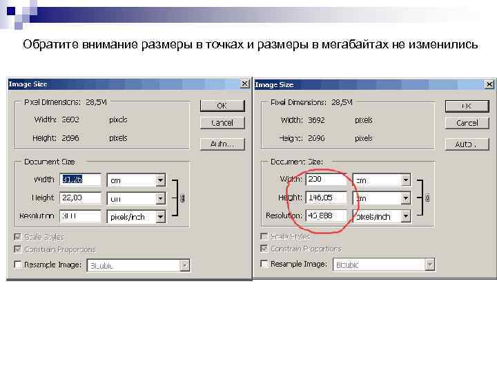 Обратите внимание размеры в точках и размеры в мегабайтах не изменились 