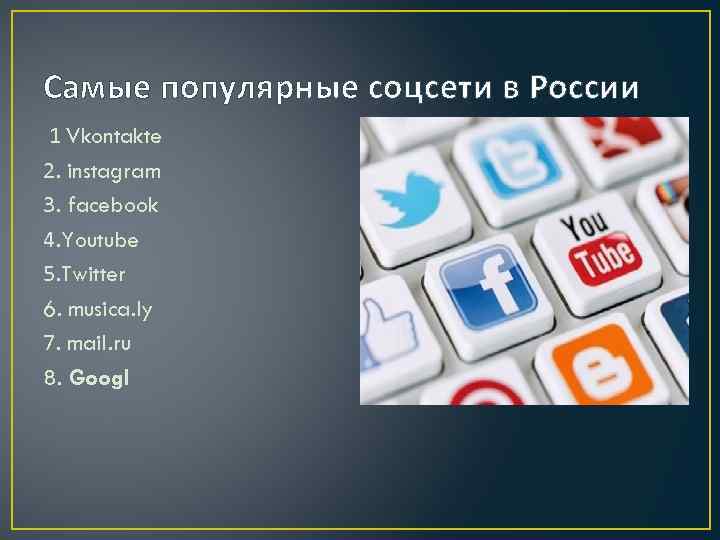 Самые популярные соцсети в России 1 Vkontakte 2. instagram 3. facebook 4. Youtube 5.