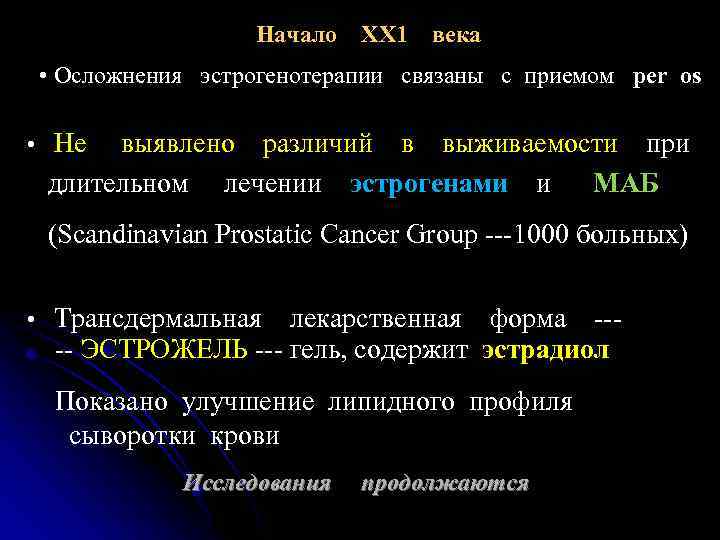 Начало ХХ 1 века • Осложнения эстрогенотерапии связаны с приемом per os • Не