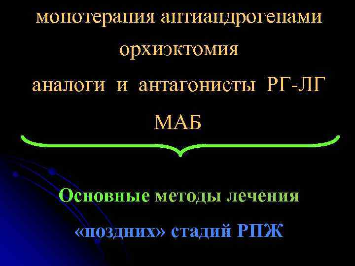 монотерапия антиандрогенами орхиэктомия аналоги и антагонисты РГ-ЛГ МАБ Основные методы лечения «поздних» стадий РПЖ