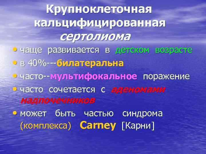 Крупноклеточная кальцифицированная сертолиома • чаще развивается в детском возрасте • в 40%---билатеральна • часто--мультифокальное