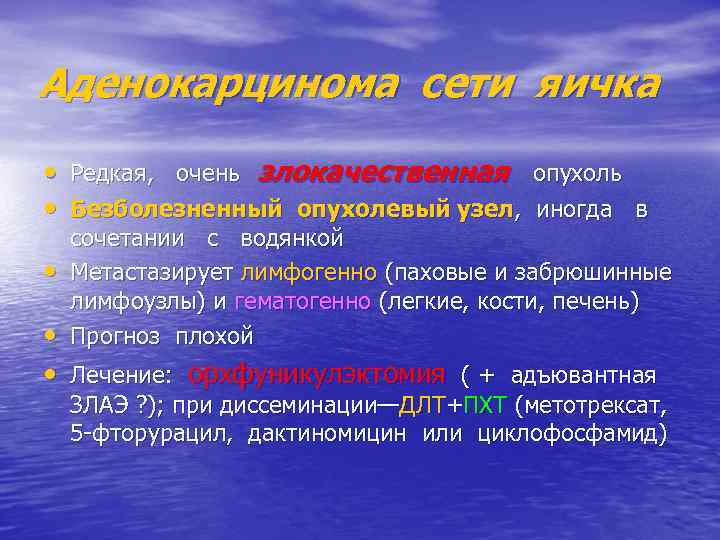 Аденокарцинома сети яичка • Редкая, очень злокачественная опухоль • Безболезненный опухолевый узел, иногда в