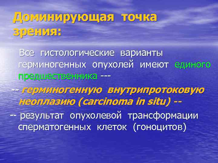 Доминирующая точка зрения: Все гистологические варианты герминогенных опухолей имеют единого предшественника --- -- герминогенную