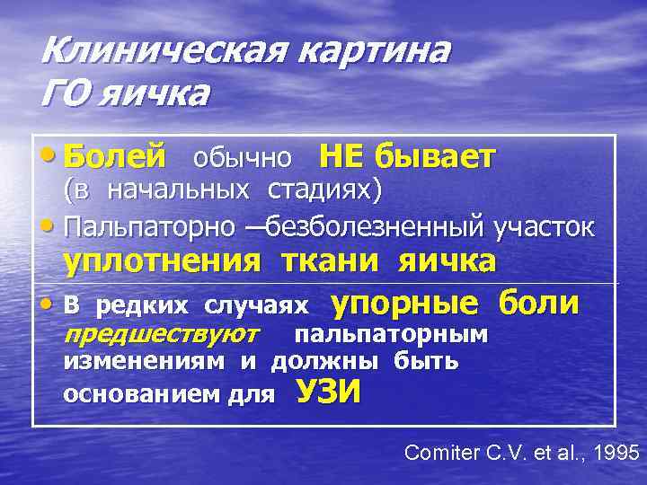 Клиническая картина ГО яичка • Болей обычно НЕ бывает (в начальных стадиях) • Пальпаторно