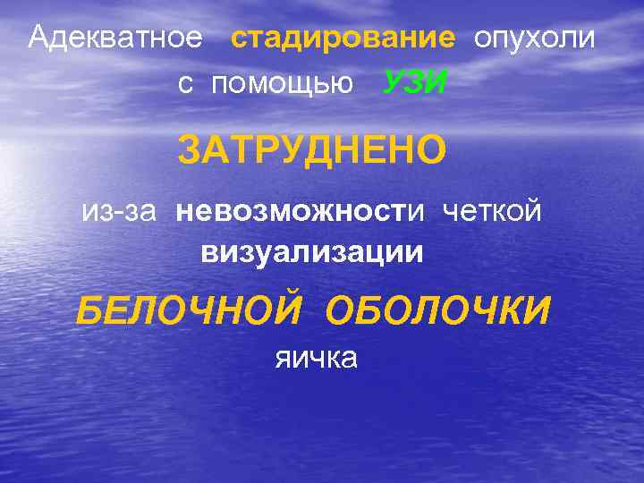 Адекватное стадирование опухоли с помощью УЗИ ЗАТРУДНЕНО из-за невозможности четкой визуализации БЕЛОЧНОЙ ОБОЛОЧКИ яичка