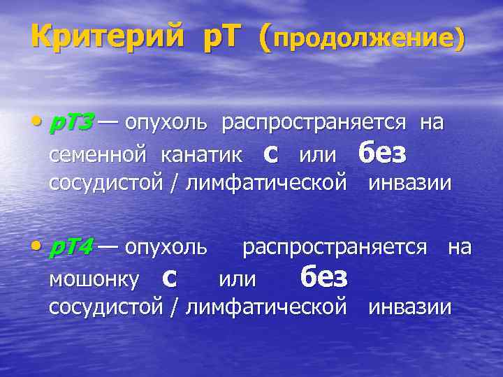 Критерий р. Т (продолжение) • р. Т 3 — опухоль распространяется на семенной канатик