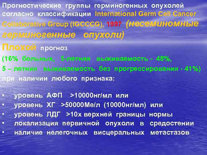 Прогностические группы герминогенных опухолей согласно классификации International Germ Cell Cancer Collaborative Group (IGCCCG), 1997