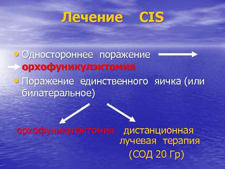 Лечение CIS • Одностороннее поражение орхофуникулэктомия • Поражение единственного яичка (или билатеральное) орхофуникулэктомия дистанционная