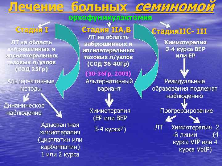 Лечение больных семиномой орхофуникулэктомия Стадия I ЛТ на область забрюшинных и ипсилатеральных тазовых л/узлов