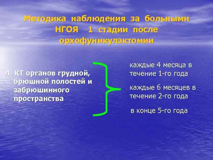 Методика наблюдения за больными НГОЯ 1 стадии после орхофуникулэктомии 4. КТ органов грудной, брюшной